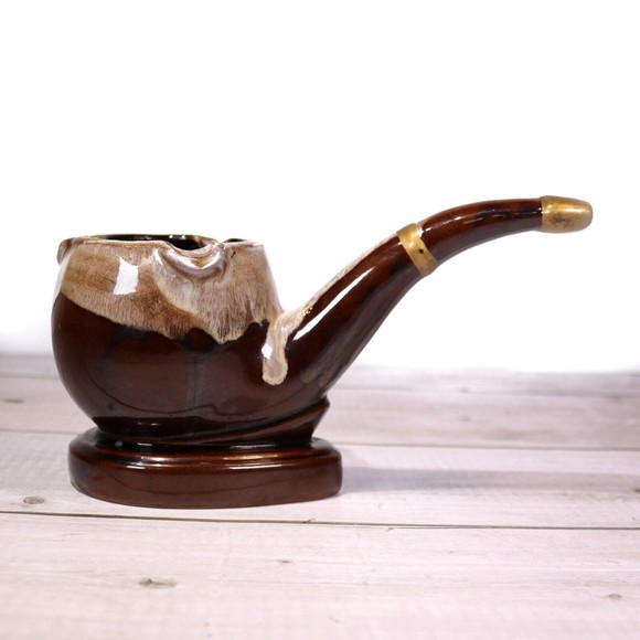 PIPE ASHTRAY Drip Glaze Vintage TOBACCO Brown Drip w Gold Trim Napco Artmark - Picture 4 of 10
